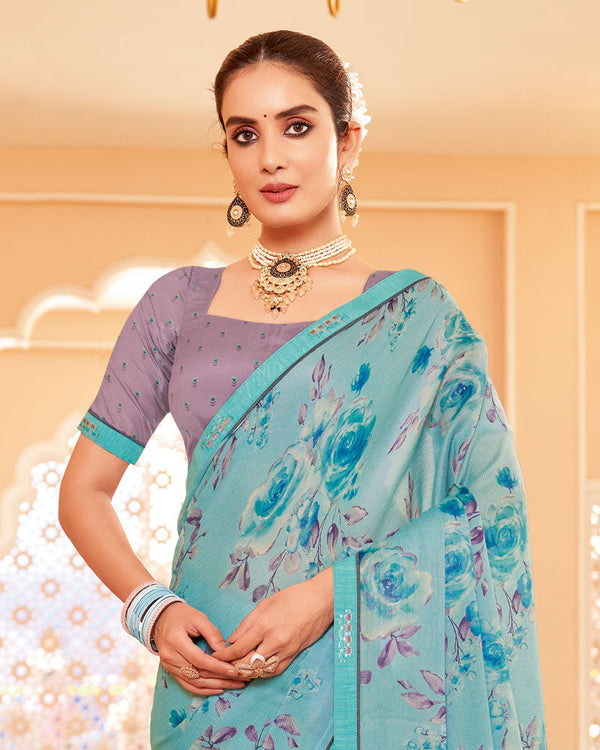 Vishal Prints Glacier Blue Printed Brasso Saree With Fancy Border