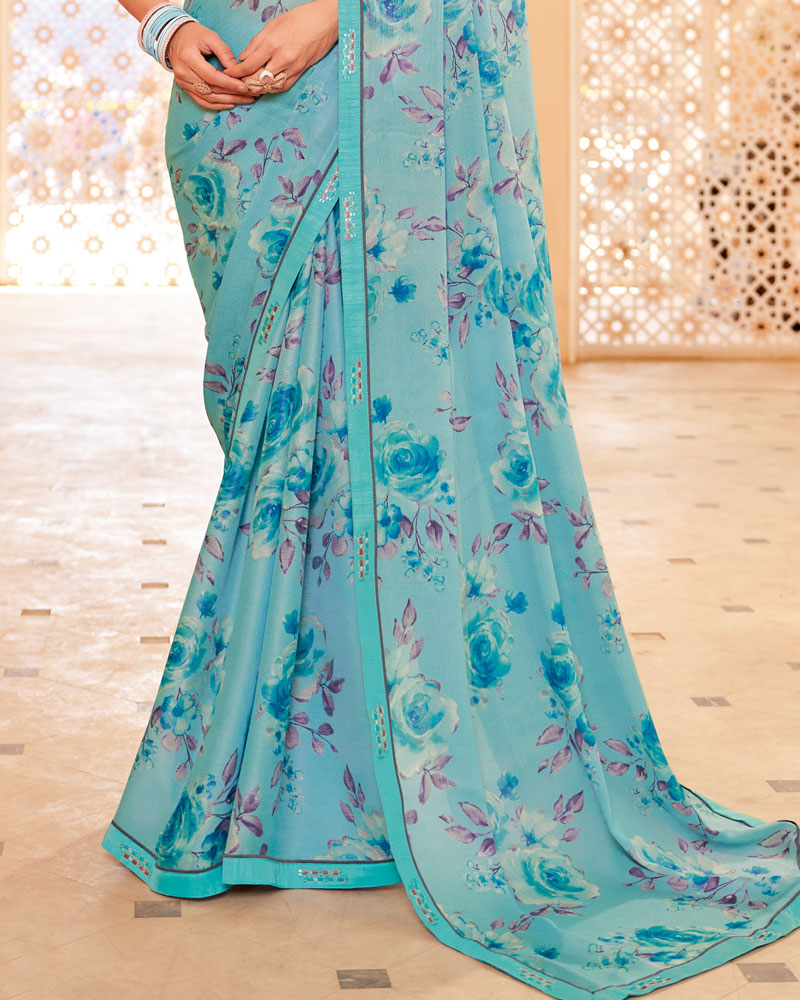 Vishal Prints Glacier Blue Printed Brasso Saree With Fancy Border