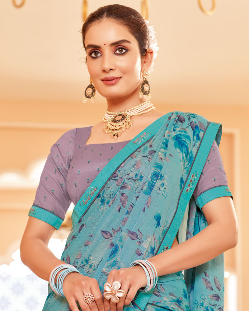 Vishal Prints Glacier Blue Printed Brasso Saree With Fancy Border