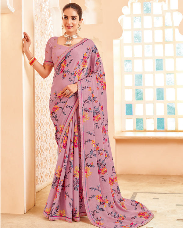 Vishal Prints Rose Pink Printed Brasso Saree With Fancy Border