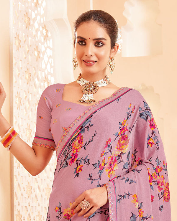 Vishal Prints Rose Pink Printed Brasso Saree With Fancy Border