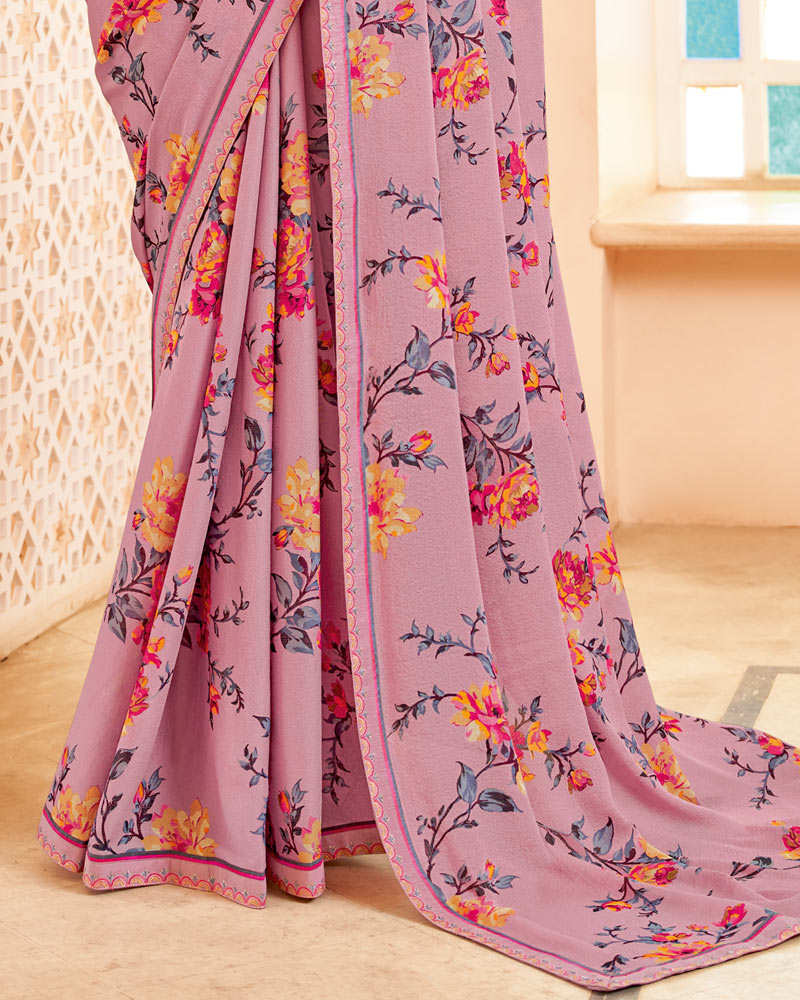 Vishal Prints Rose Pink Printed Brasso Saree With Fancy Border