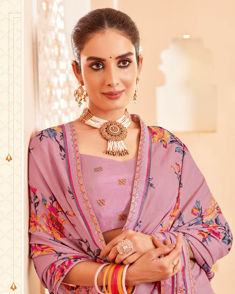 Vishal Prints Rose Pink Printed Brasso Saree With Fancy Border