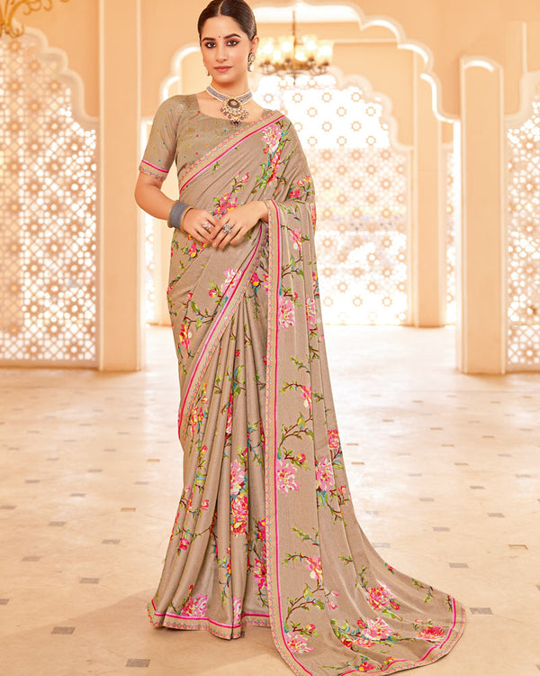 Vishal Prints Pale Taupe Printed Brasso Saree With Fancy Border