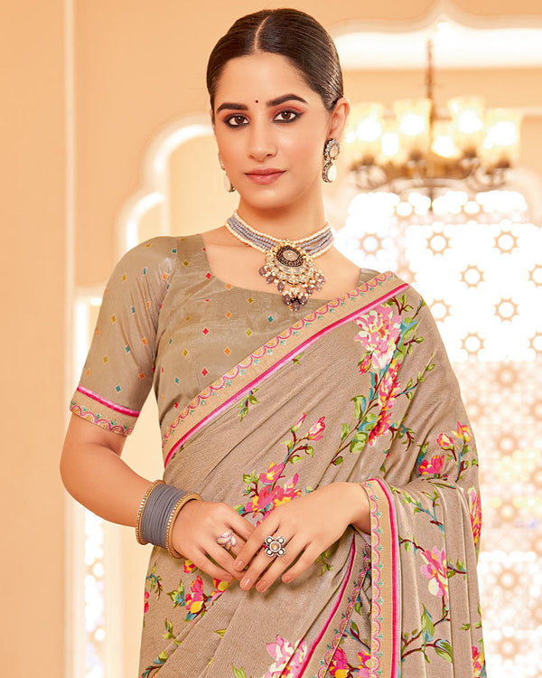 Vishal Prints Pale Taupe Printed Brasso Saree With Fancy Border