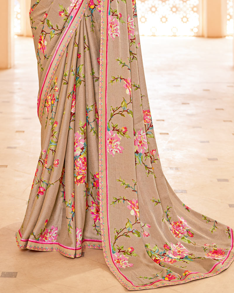 Vishal Prints Pale Taupe Printed Brasso Saree With Fancy Border