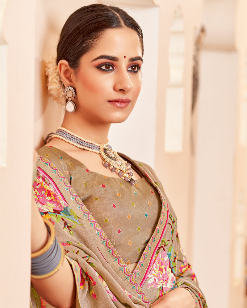 Vishal Prints Pale Taupe Printed Brasso Saree With Fancy Border
