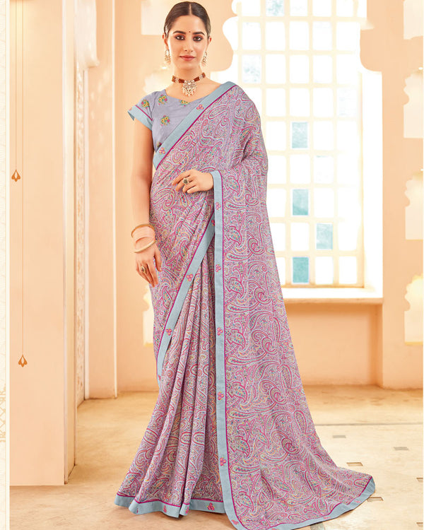 Vishal Prints Pastel Violet Printed Brasso Saree With Fancy Border