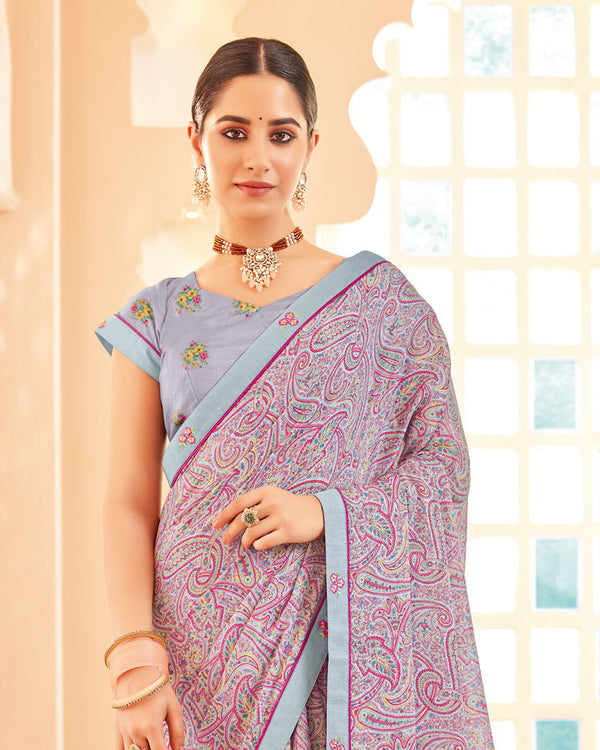 Vishal Prints Pastel Violet Printed Brasso Saree With Fancy Border