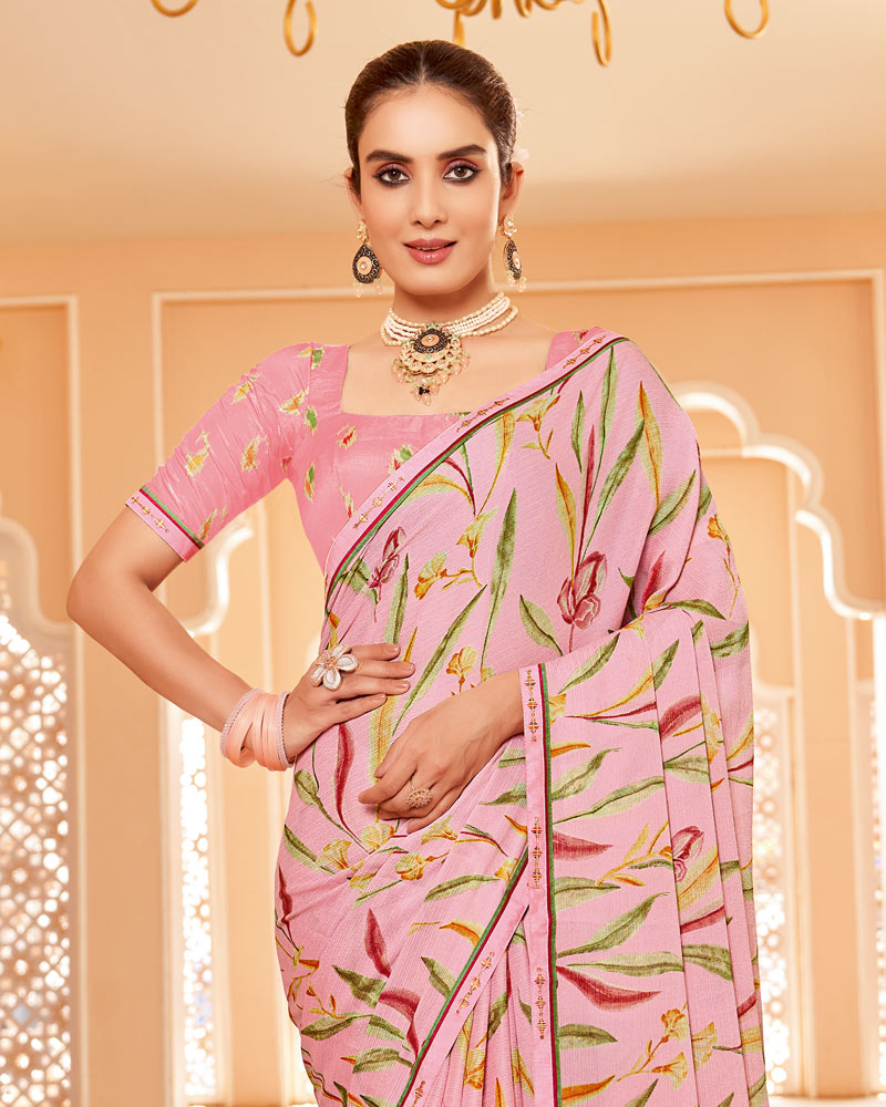 Vishal Prints Soft Pink Printed Brasso Saree With Fancy Border