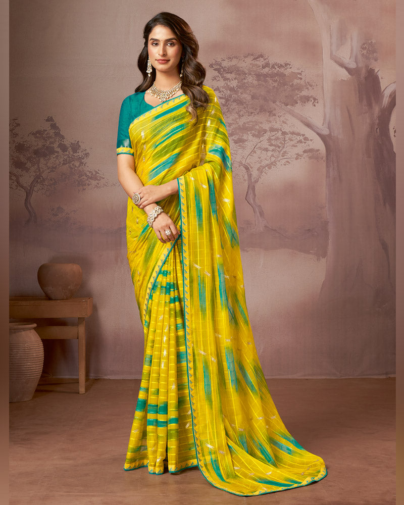 Vishal Prints Lightning Yellow Printed Fancy Chiffon Saree With Foil Print And Fancy Embroidery Border