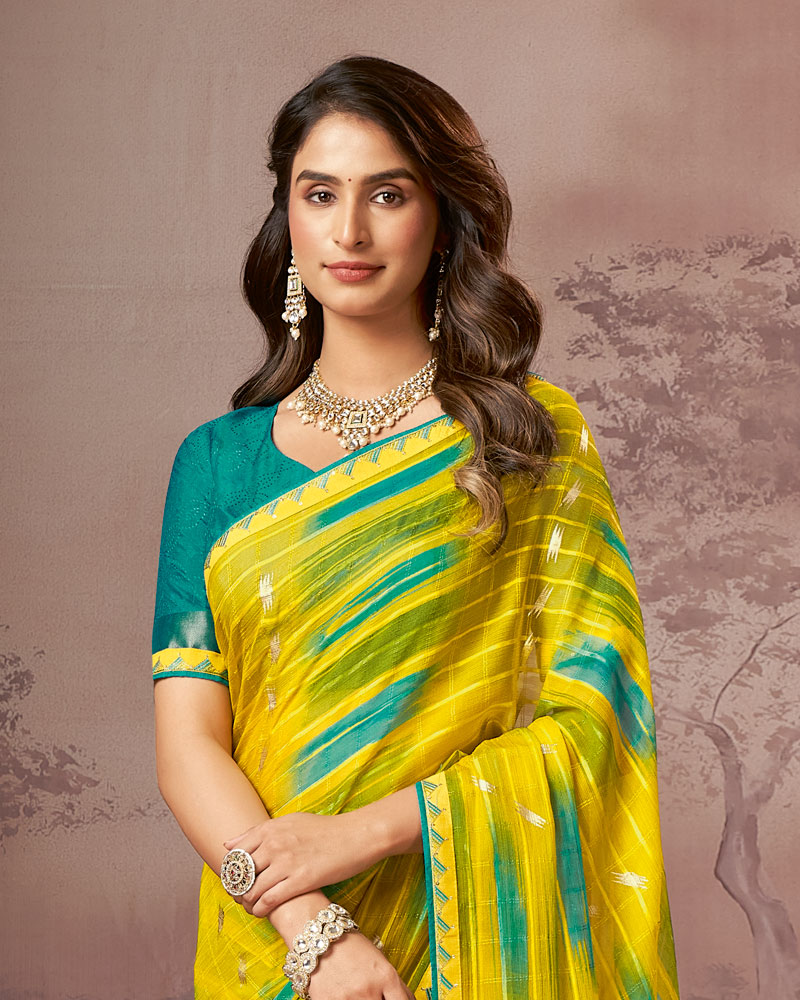 Vishal Prints Lightning Yellow Printed Fancy Chiffon Saree With Foil Print And Fancy Embroidery Border