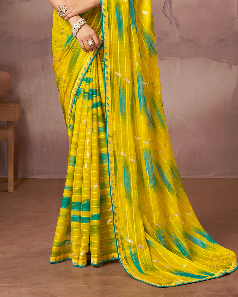 Vishal Prints Lightning Yellow Printed Fancy Chiffon Saree With Foil Print And Fancy Embroidery Border