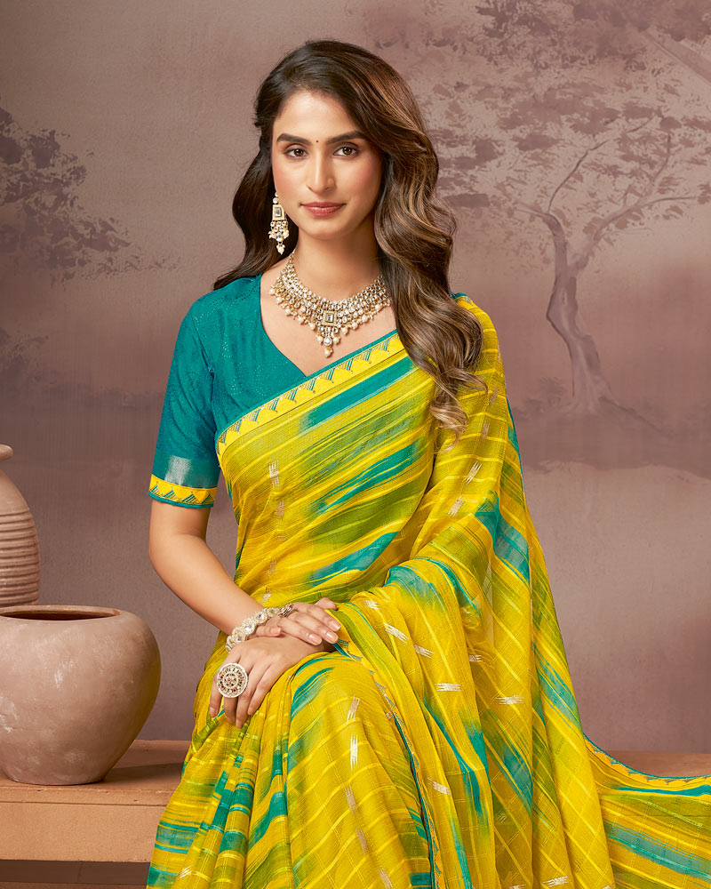 Vishal Prints Lightning Yellow Printed Fancy Chiffon Saree With Foil Print And Fancy Embroidery Border