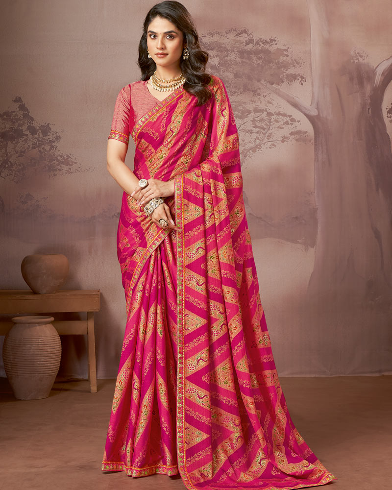 Vishal Prints Pinkish Red Printed Brasso Saree With Foil Print And Fancy Embroidery Border