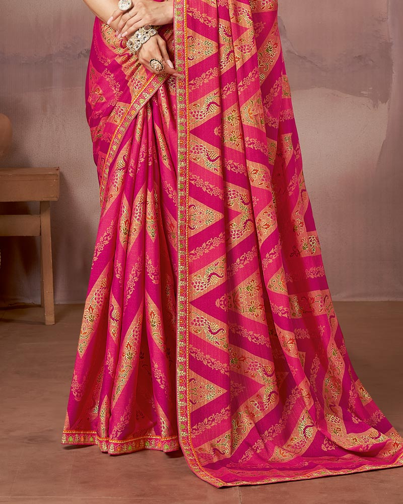 Vishal Prints Pinkish Red Printed Brasso Saree With Foil Print And Fancy Embroidery Border