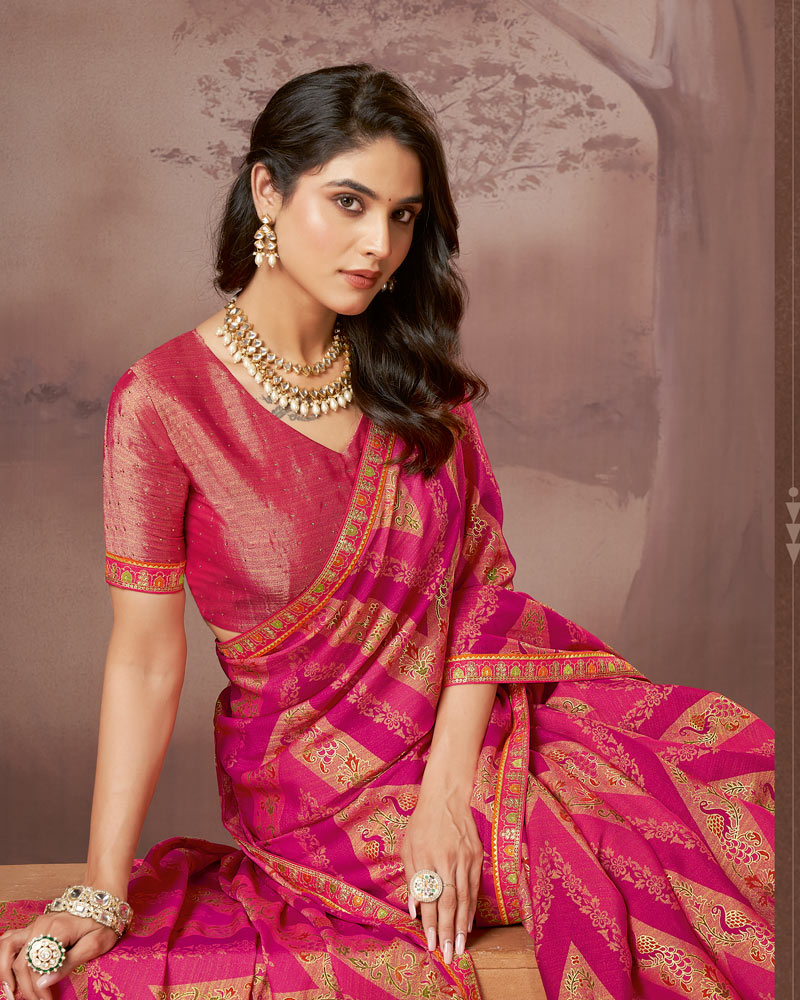 Vishal Prints Pinkish Red Printed Brasso Saree With Foil Print And Fancy Embroidery Border