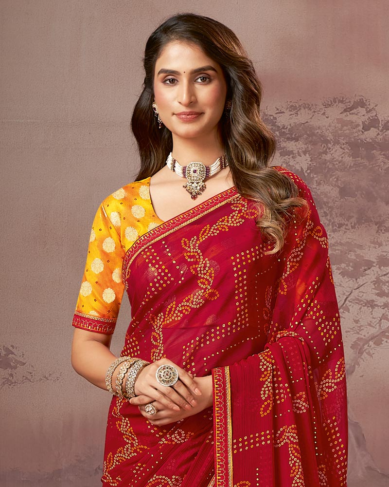 Vishal Prints Cardinal Red Printed Fancy Chiffon Saree With Foil Print And Fancy Embroidery Border