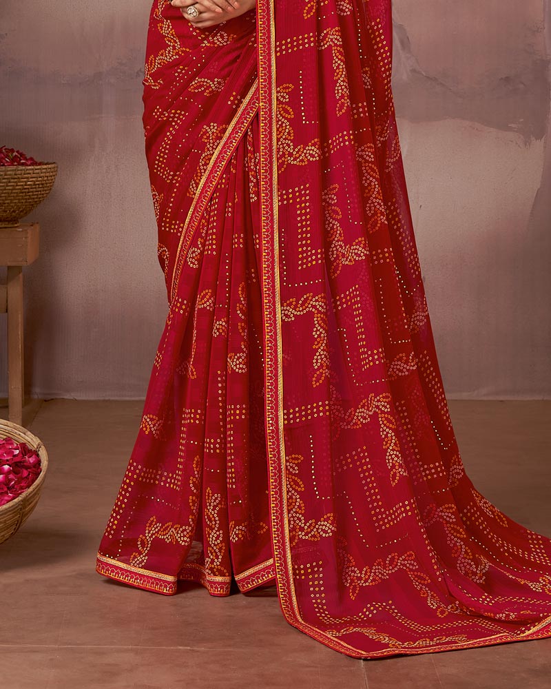 Vishal Prints Cardinal Red Printed Fancy Chiffon Saree With Foil Print And Fancy Embroidery Border