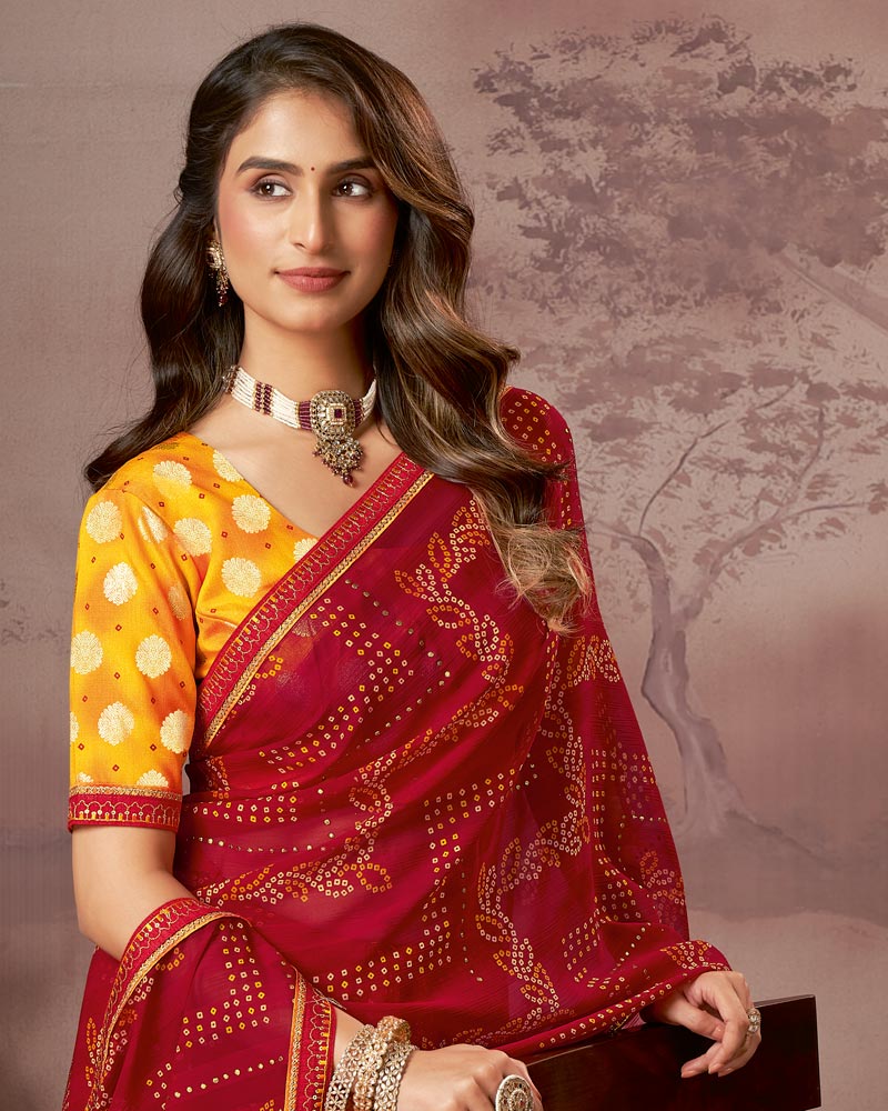 Vishal Prints Cardinal Red Printed Fancy Chiffon Saree With Foil Print And Fancy Embroidery Border