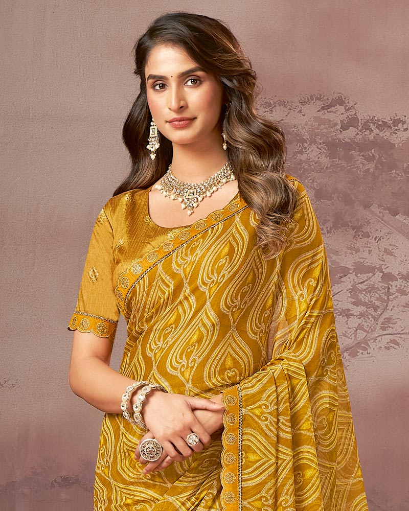 Vishal Prints Ochre Printed Fancy Chiffon Saree With Cut Work Embroidery Border