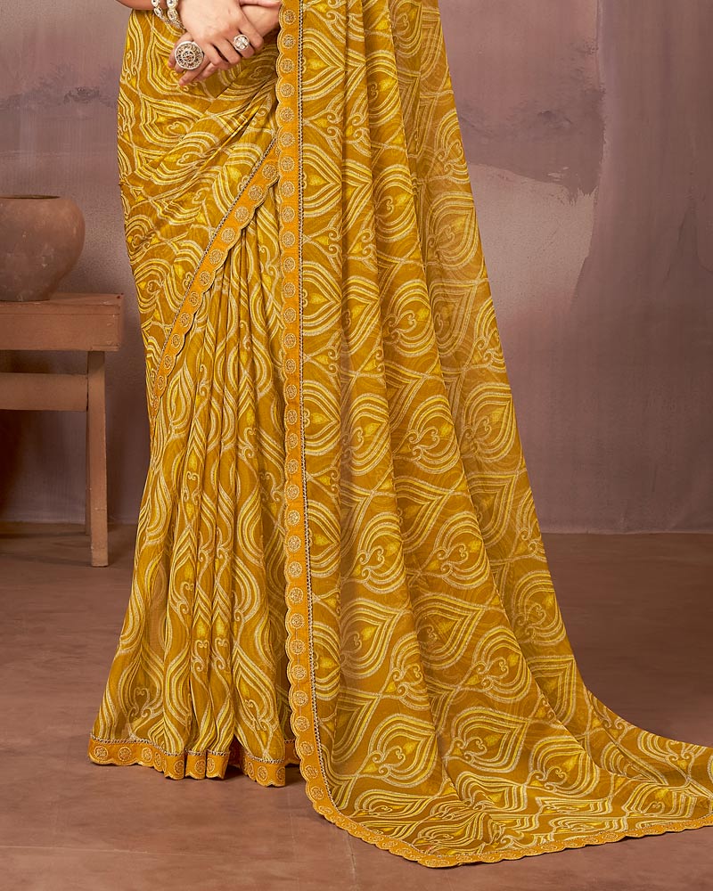 Vishal Prints Ochre Printed Fancy Chiffon Saree With Cut Work Embroidery Border