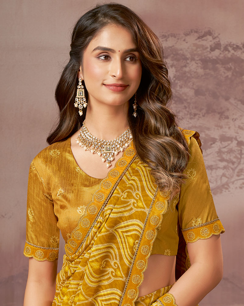Vishal Prints Ochre Printed Fancy Chiffon Saree With Cut Work Embroidery Border