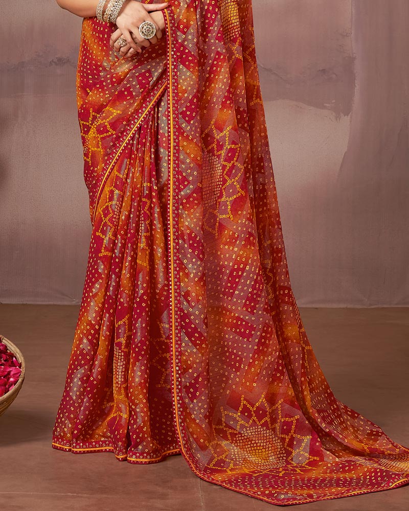 Vishal Prints Flame Orange And Cherry Red Printed Brasso Saree With Foil Print And Fancy Embroidery Border