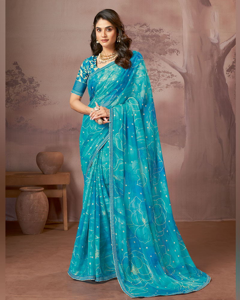 Vishal Prints Pacific Blue Printed Fancy Chiffon Saree With Embroidery Border