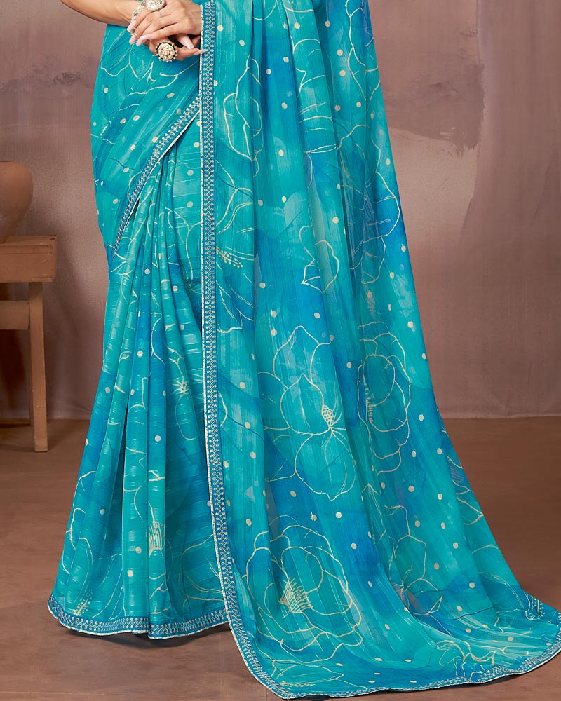 Vishal Prints Pacific Blue Printed Fancy Chiffon Saree With Embroidery Border