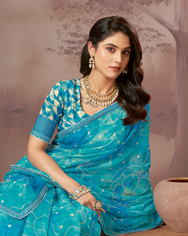 Vishal Prints Pacific Blue Printed Fancy Chiffon Saree With Embroidery Border
