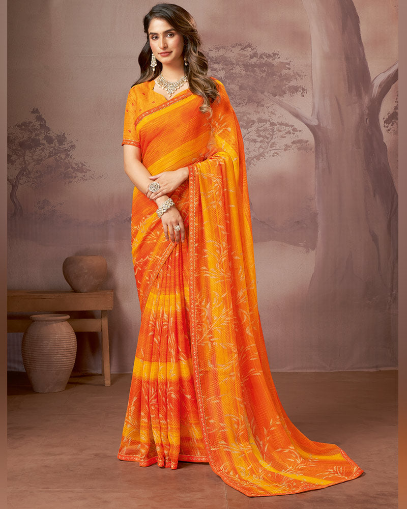 Vishal Prints Cadmium Orange Printed Fancy Chiffon Saree With Embroidery Border