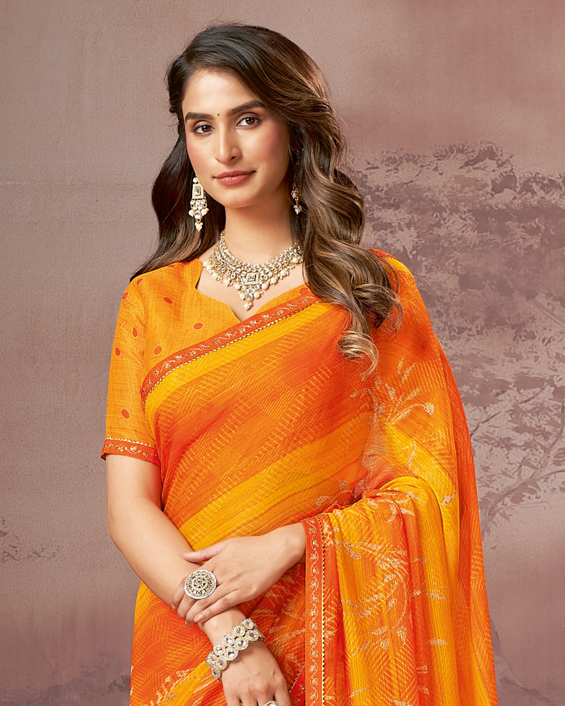 Vishal Prints Cadmium Orange Printed Fancy Chiffon Saree With Embroidery Border