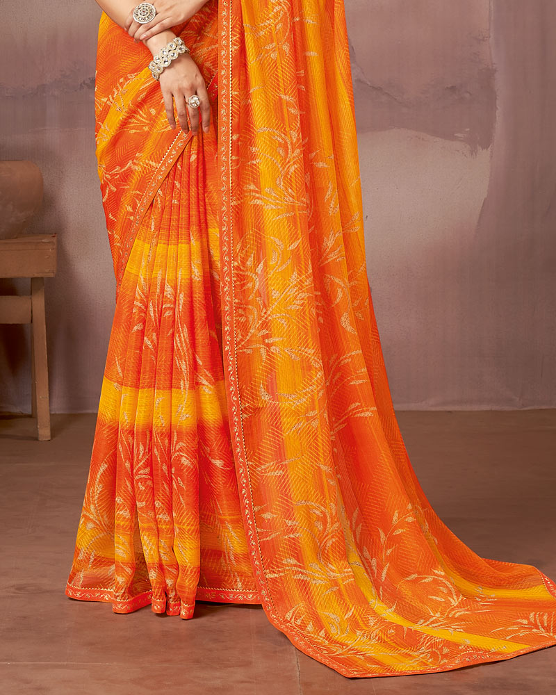 Vishal Prints Cadmium Orange Printed Fancy Chiffon Saree With Embroidery Border
