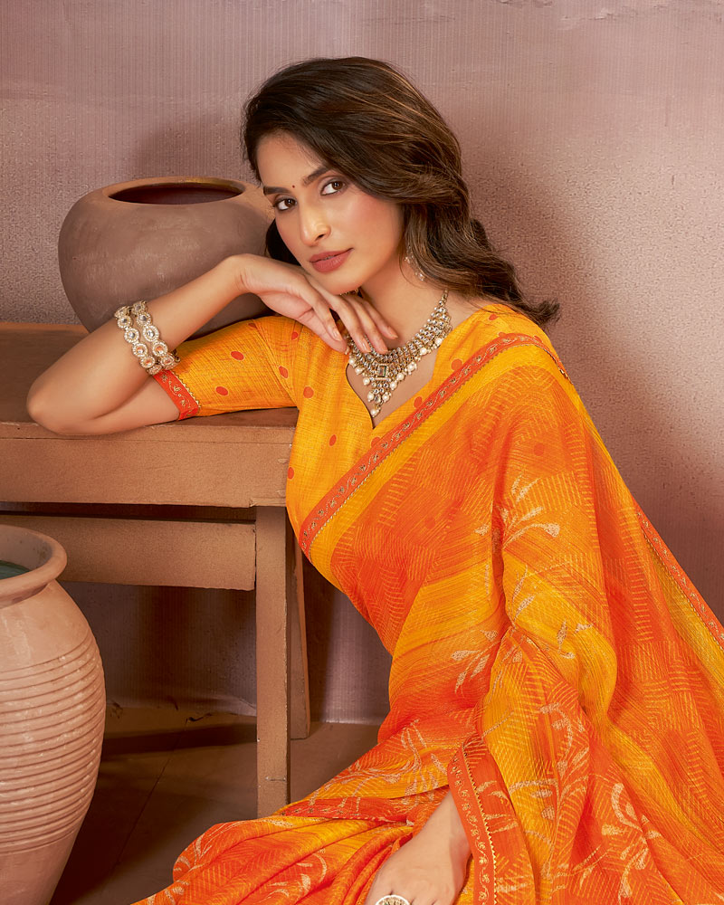 Vishal Prints Cadmium Orange Printed Fancy Chiffon Saree With Embroidery Border