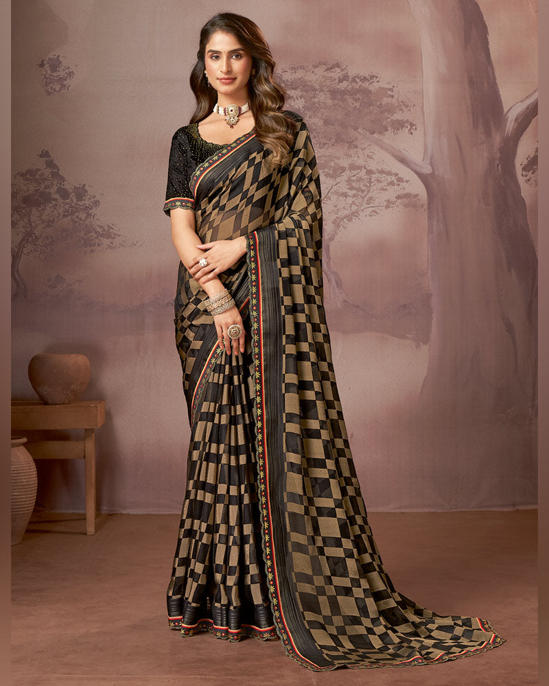 Vishal Prints Charcoal Black Printed Brasso Saree With Foil Print And Fancy Embroidery Cut Work Border