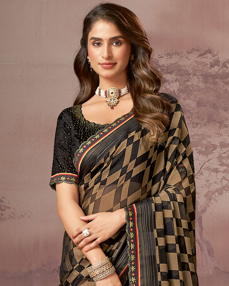 Vishal Prints Charcoal Black Printed Brasso Saree With Foil Print And Fancy Embroidery Cut Work Border