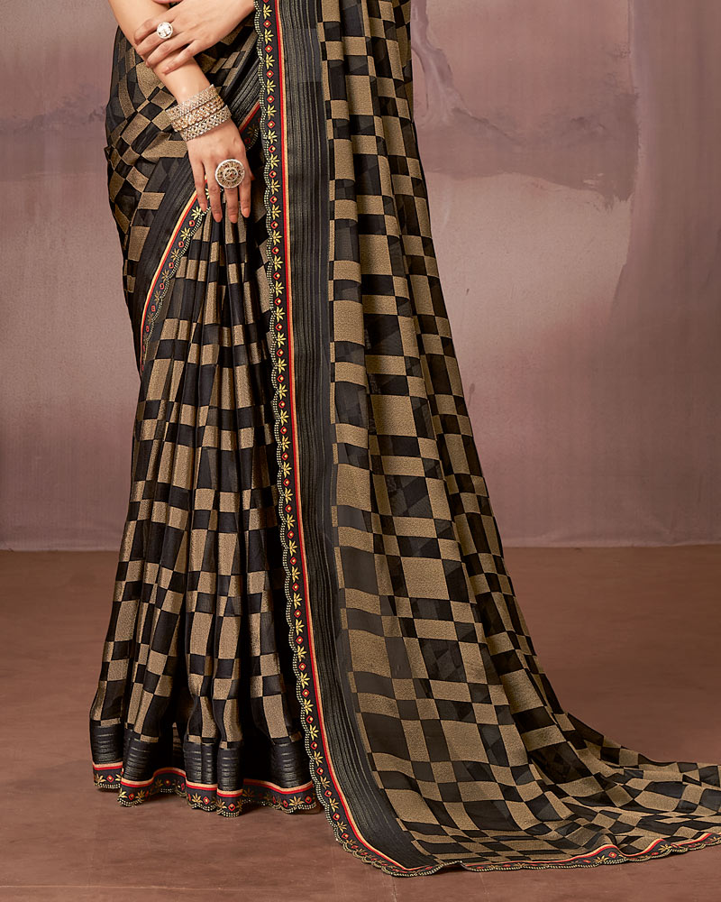 Vishal Prints Charcoal Black Printed Brasso Saree With Foil Print And Fancy Embroidery Cut Work Border