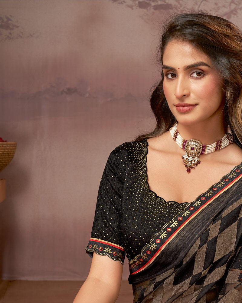 Vishal Prints Charcoal Black Printed Brasso Saree With Foil Print And Fancy Embroidery Cut Work Border