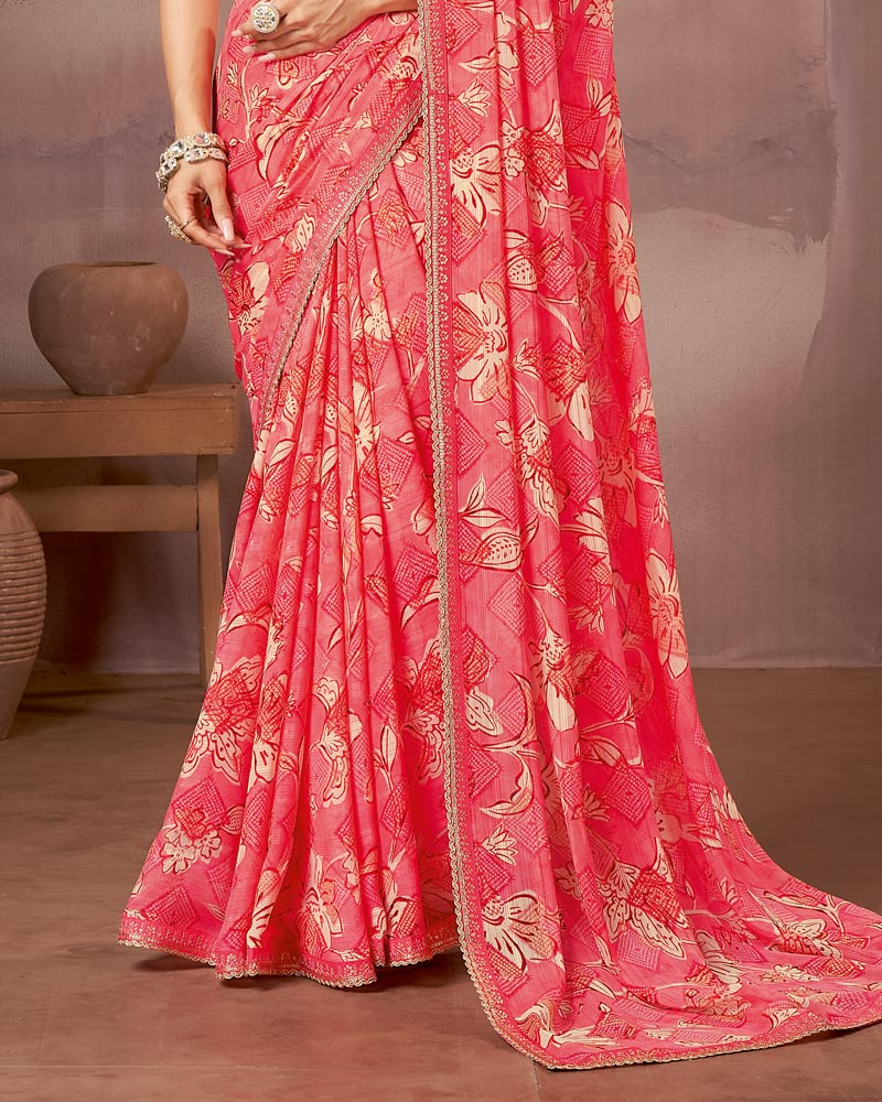 Vishal Prints Light Carmine Pink Printed Fancy Chiffon Saree With Embroidery Border