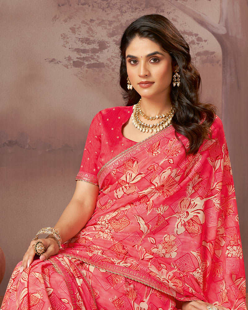 Vishal Prints Light Carmine Pink Printed Fancy Chiffon Saree With Embroidery Border