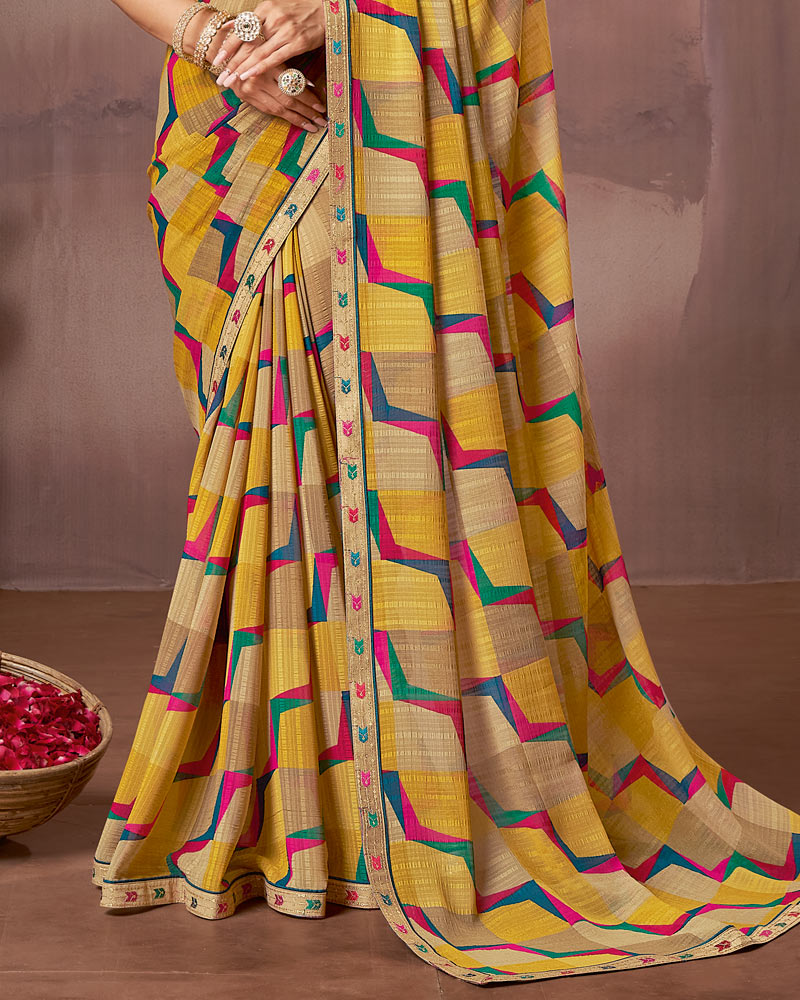 Vishal Prints Yellow Ochre And Beige Printed Fancy Chiffon Saree With Embroidery Border