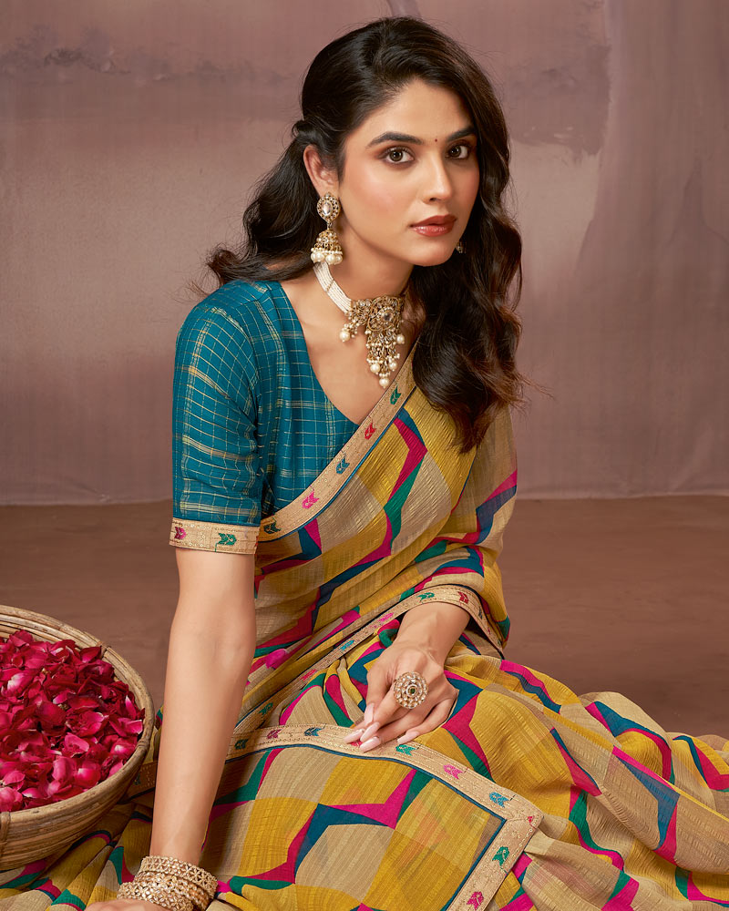 Vishal Prints Yellow Ochre And Beige Printed Fancy Chiffon Saree With Embroidery Border
