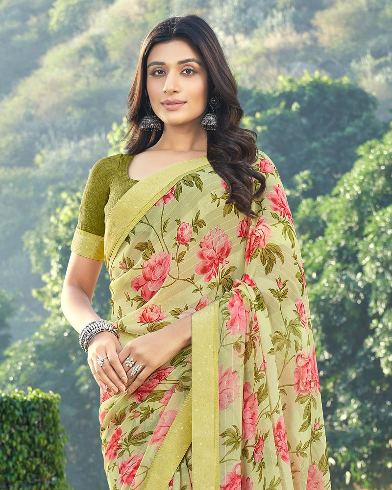 Vishal Prints Light Yellow Printed Georgette Saree With Border