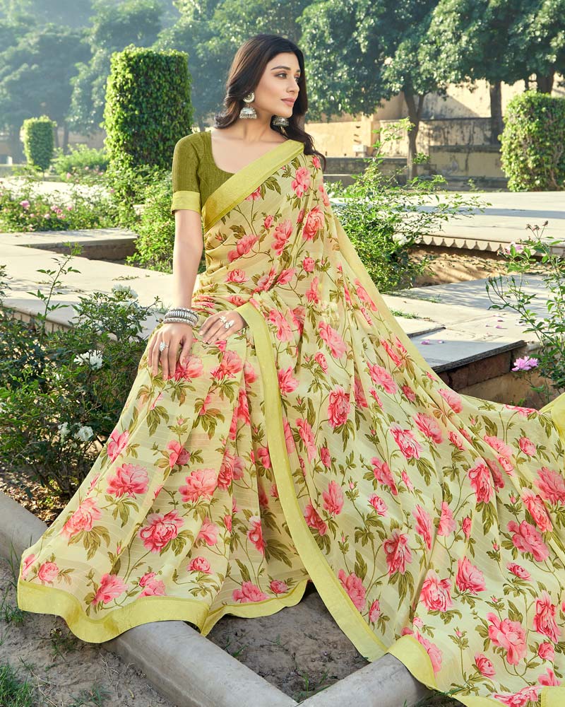 Vishal Prints Light Yellow Printed Georgette Saree With Border