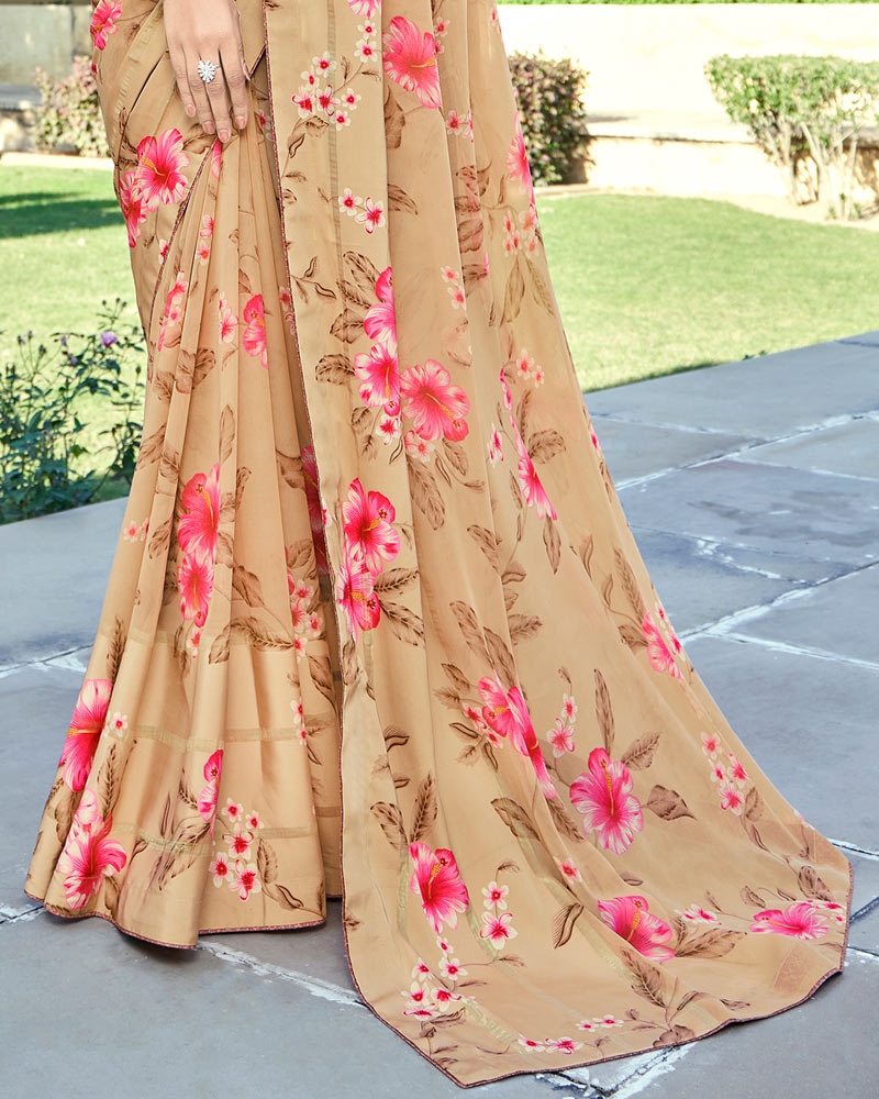 Vishal Prints Sand Brown Printed Georgette Saree With Border
