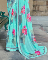 Vishal Prints Turquoise Blue Printed Georgette Saree With Border