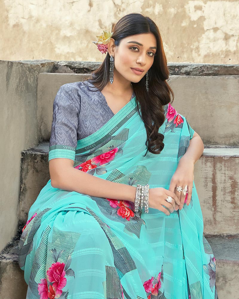 Vishal Prints Turquoise Blue Printed Georgette Saree With Border