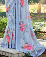Vishal Prints Pastel Blue Printed Georgette Saree With Border