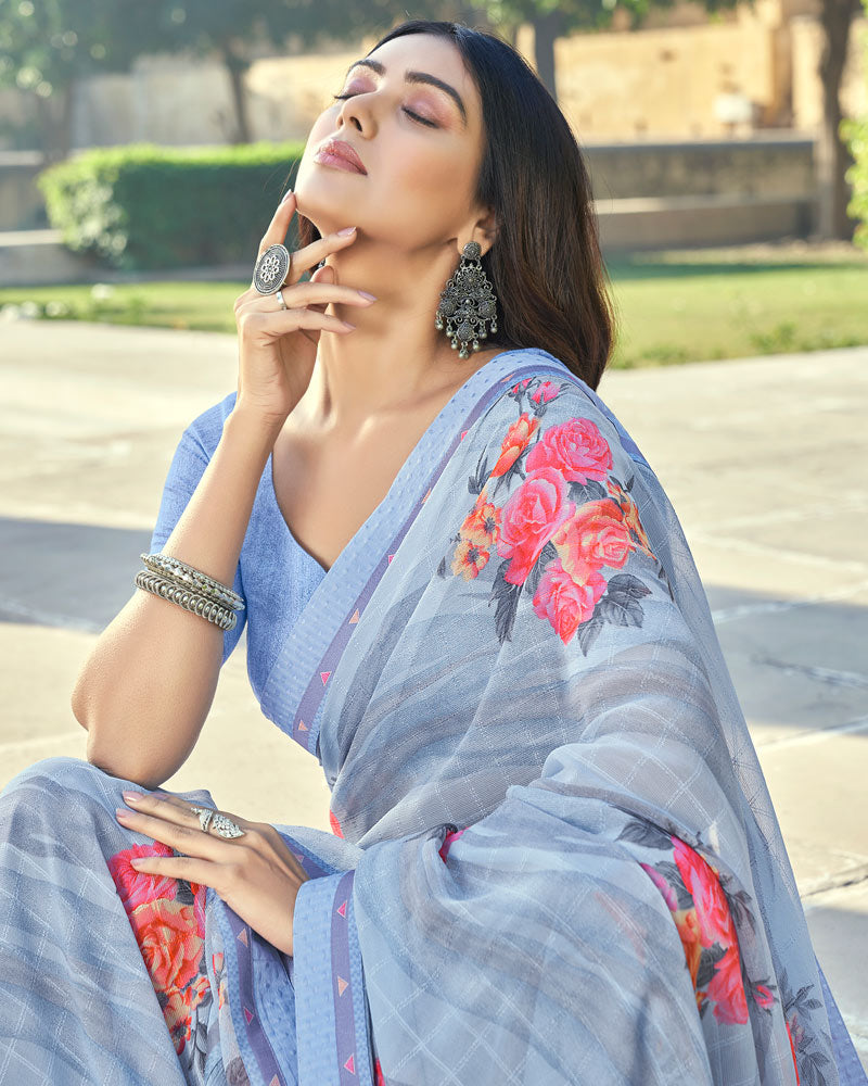 Vishal Prints Pastel Blue Printed Georgette Saree With Border